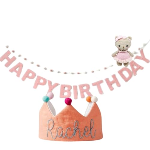 Handmade Salmon Orange Birthday Crown with Embroidered Name