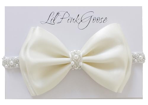 LilPinkGoose Baby Baptism Pearl Headband with Bow