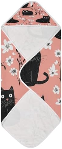 BOESI Doodle Black Cat and Flower Baby Bath Towel 35x35 Inches