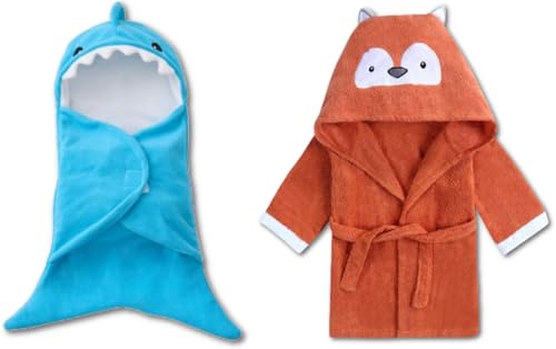 BlueMello Baby Shark Swaddle Blanket Fox Bathrobe Bundle