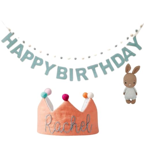 Handmade Salmon Orange Birthday Crown with Embroidered Name