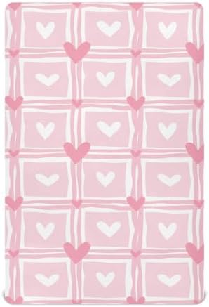 Pink Hearts Checkered Crib Sheets Stretchy Playard Sheets for Baby