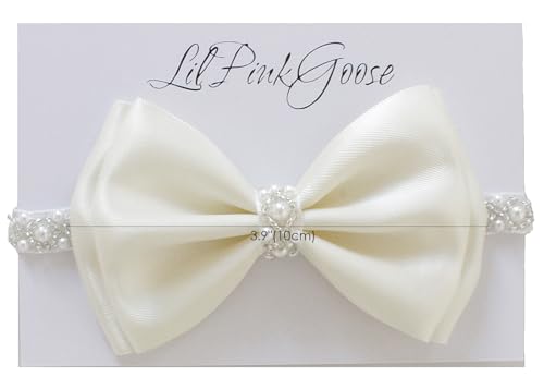 LilPinkGoose Baby Baptism Pearl Headband with Bow