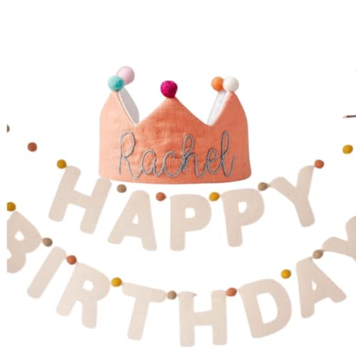 Handmade Salmon Orange Birthday Crown with Embroidered Name