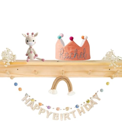 Handmade Salmon Orange Birthday Crown with Embroidered Name