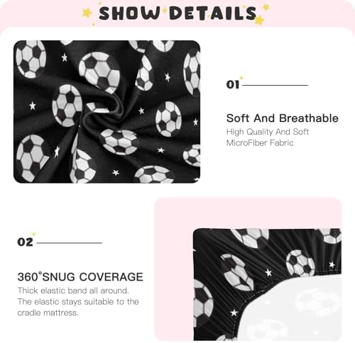 KICPOAY Soccer Balls Black Crib Sheets Stretchy Playard Sheets for Baby Toddler