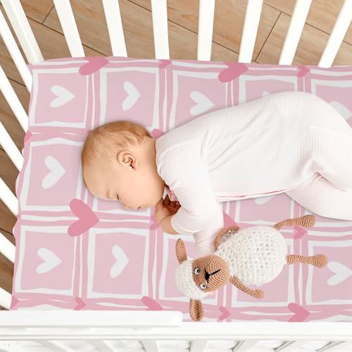 Pink Hearts Checkered Crib Sheets Stretchy Playard Sheets for Baby