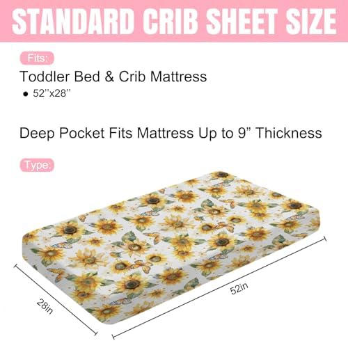 Watercolor Sunflowers Butterflies Crib Sheet 52x28