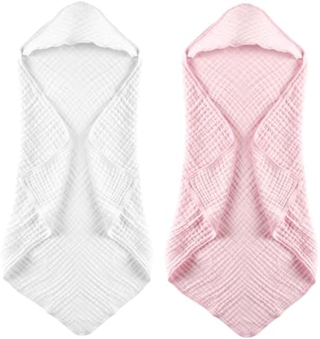 MUKIN Premium Muslin Hooded Towels 2-Pack White Pink