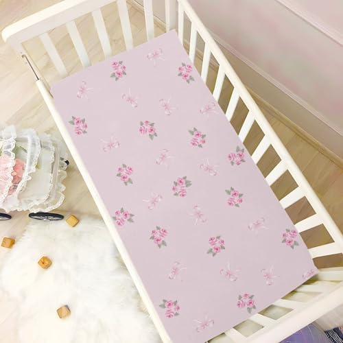Pink Rose Ribbon Leaves Fitted Crib Sheets for Baby 1