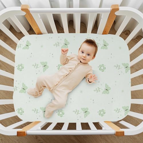 Boho Green Flowers Butterflies Crib Sheet Set