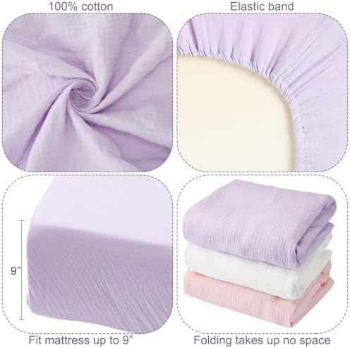 Newwiee 3 Pcs Muslin Crib Sheets Cotton Soft Fitted Baby Bedding