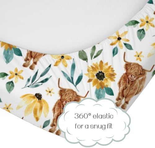Highland Cow Sunflower Crib Sheet for Baby Girl 52x28