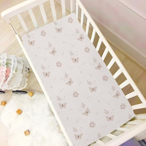 Boho Beige Flowers Butterflies Fitted Crib Sheet