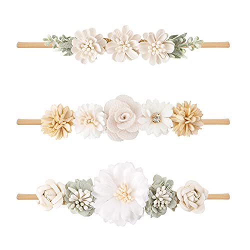 Baby Girl Elastic Nylon Headband with Flower Bow 3Pcs