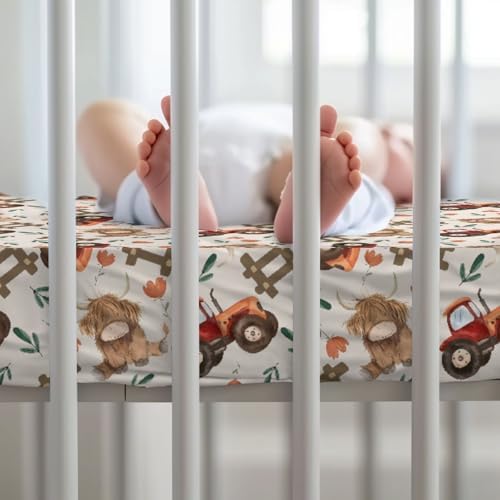 Farm Highland Cow Tractor Baby Crib Sheet - 28x52