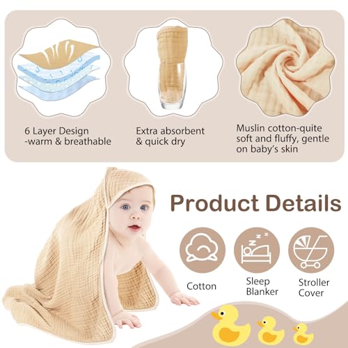 Peryiter 6 Pcs Muslin Hooded Baby Towels - Brown