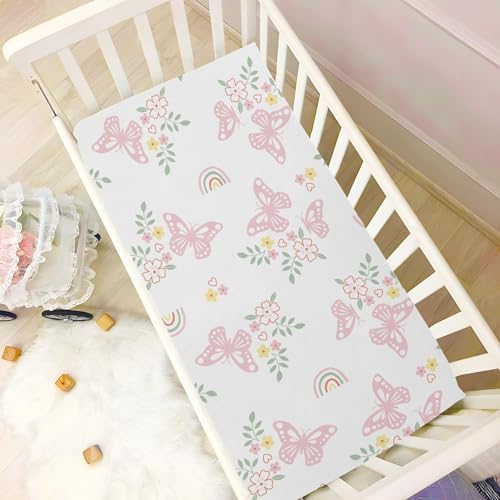 Pink Butterfly Flowers Leaves Fitted Crib Sheets for Baby Toddler