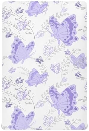 KICPOAY Purple Butterfly Crib Sheets Stretchy Playard Sheets for Baby Toddler 1