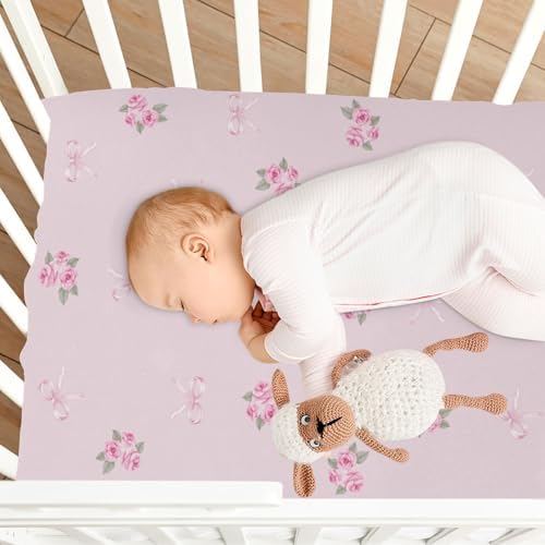 Pink Rose Ribbon Leaves Fitted Crib Sheets for Baby 1