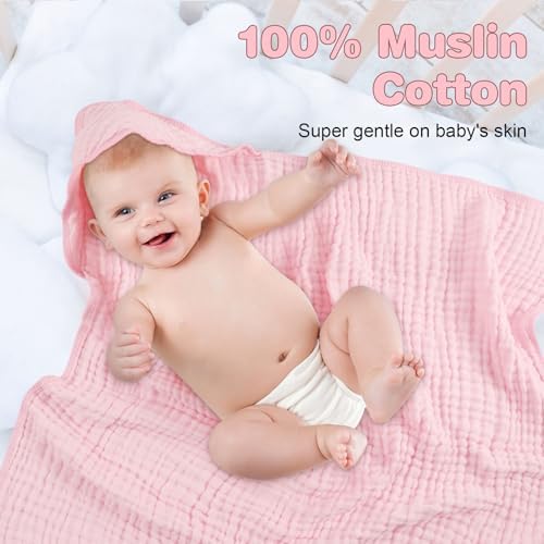 MUKIN Premium Muslin Hooded Towels 2-Pack White Pink
