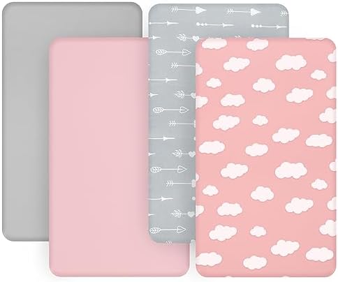 Biloban 4-Pack Mini Crib Sheets - Grey and Pink Microfiber