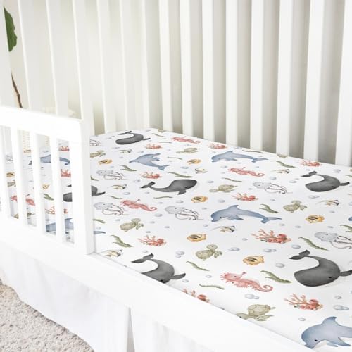 Boho Sea Animals Crib Sheet Whale Dolphin Turtle Fish