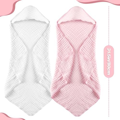 MUKIN Premium Muslin Hooded Towels 2-Pack White Pink
