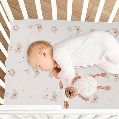 Boho Beige Flowers Butterflies Fitted Crib Sheet