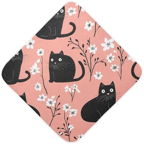BOESI Doodle Black Cat and Flower Baby Bath Towel 35x35 Inches