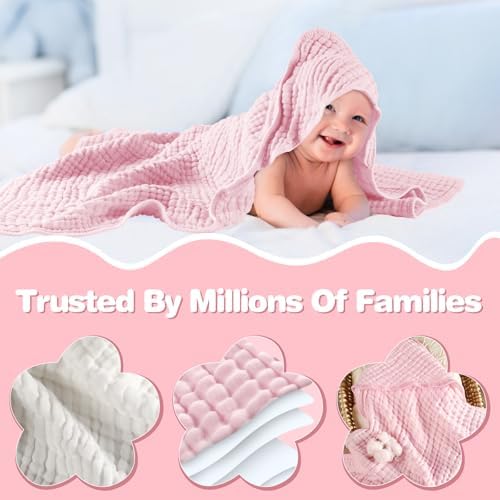 MUKIN Premium Muslin Hooded Towels 2-Pack White Pink