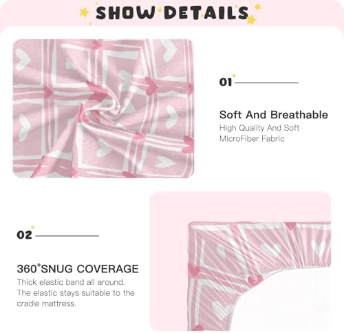 Pink Hearts Checkered Crib Sheets Stretchy Playard Sheets for Baby