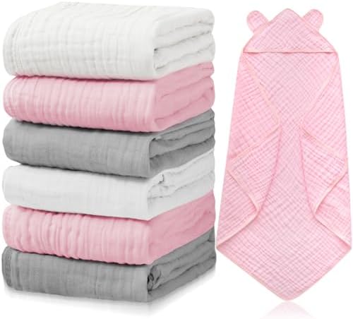 Preboun 6 Pcs Muslin Hooded Towels for Baby 1