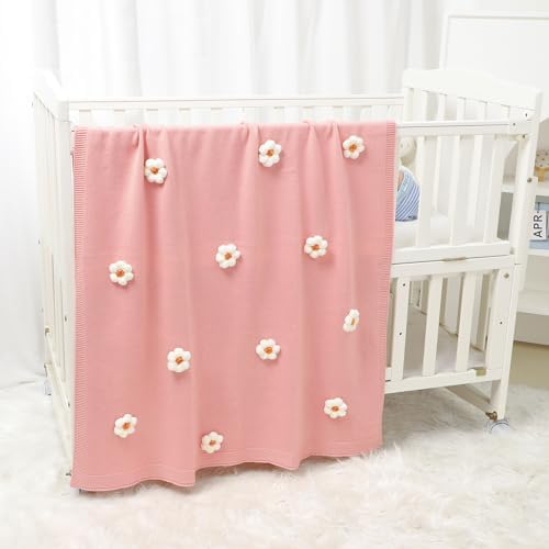 DovFanny Soft Cotton Baby Swaddle Blanket with Handmade Flowers