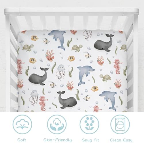 Boho Sea Animals Crib Sheet Whale Dolphin Turtle Fish