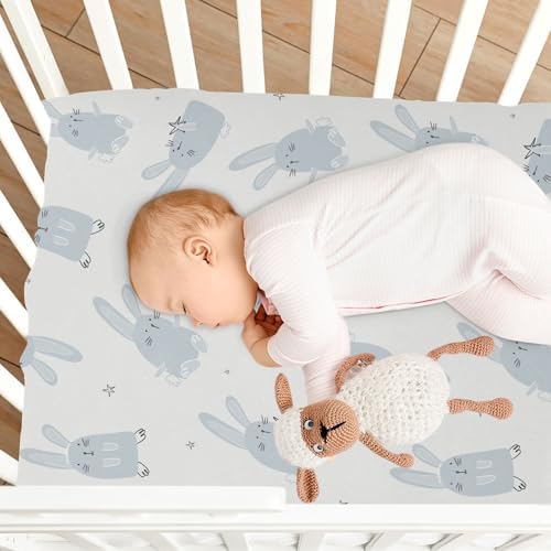 Light Blue Rabbits Stars Crib Sheets for Baby Toddler