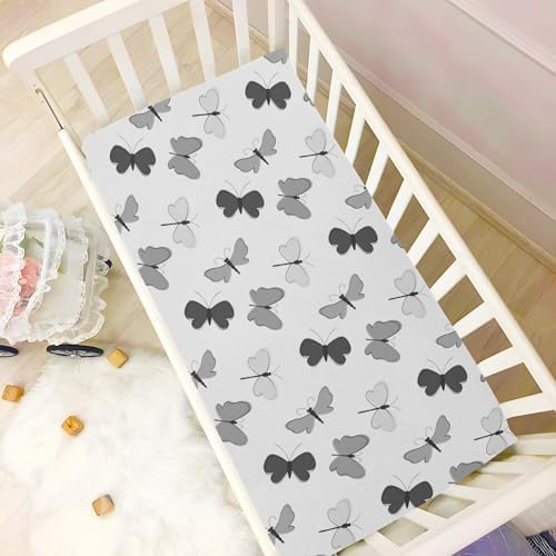 KICPOAY Black Grey Butterfly Crib Sheets Stretchy Playard Sheets for Baby Toddler