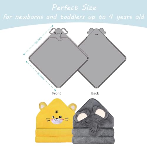 2 Pack Hooded Baby Towels with Elephant Tiger Designs