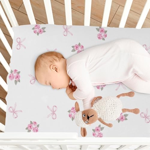 Pink Rose Ribbons Fitted Crib Sheets for Baby Toddler