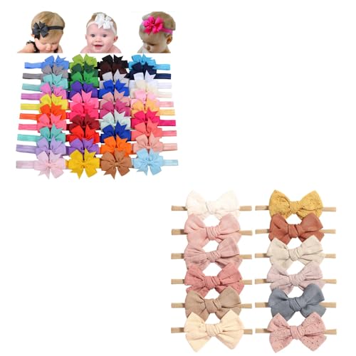 Jollybows 40pcs Baby Girls Grosgrain Ribbon Hair Bows Headbands 12pcs Nylon Elastic Headbands