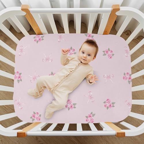 Pink Rose Ribbon Leaves Fitted Crib Sheets for Baby 1