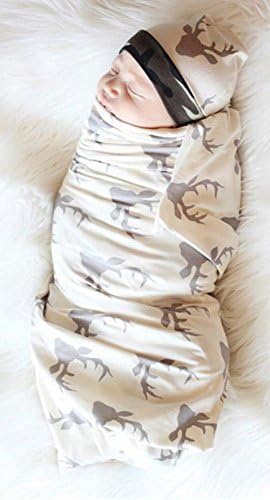 IWOKA Soft Deer Print Swaddle Blanket with Hat