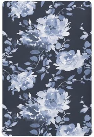 KICPOAY Indigo Floral Crib Sheets Stretchy Playard Sheets for Baby