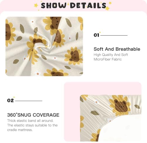 KICPOAY Sunflower Bears Crib Sheets Playard Stretchy 52x28in