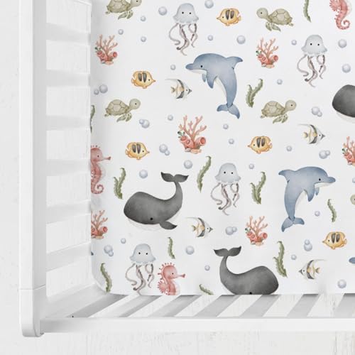 Boho Sea Animals Crib Sheet Whale Dolphin Turtle Fish