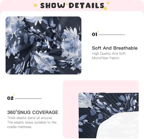 KICPOAY Indigo Floral Crib Sheets Stretchy Playard Sheets for Baby