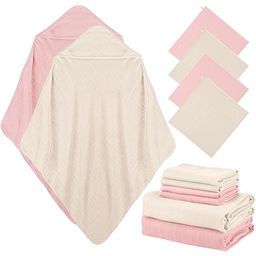 Preboun 6 Pcs Cotton Baby Bath Towel Set with Hood and Washcloths