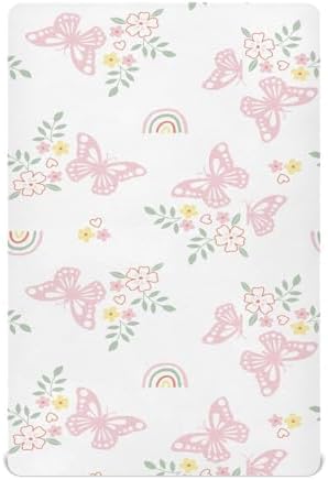Pink Butterfly Flowers Leaves Fitted Crib Sheets for Baby Toddler