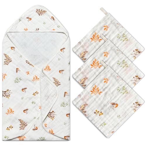 Zainpe 4Pcs Muslin Baby Hood Towel Set Leaves Pattern