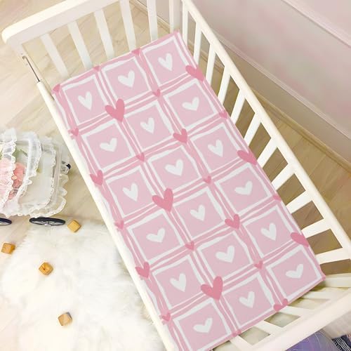 Pink Hearts Checkered Crib Sheets Stretchy Playard Sheets for Baby